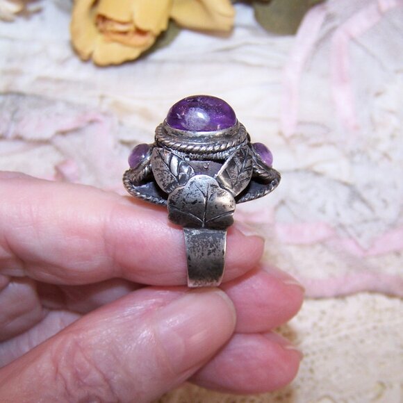 Made in Mexico Mexican Sterling Silver Amethyst Poison Ring - Adjustable 6 - Picture 8 of 9